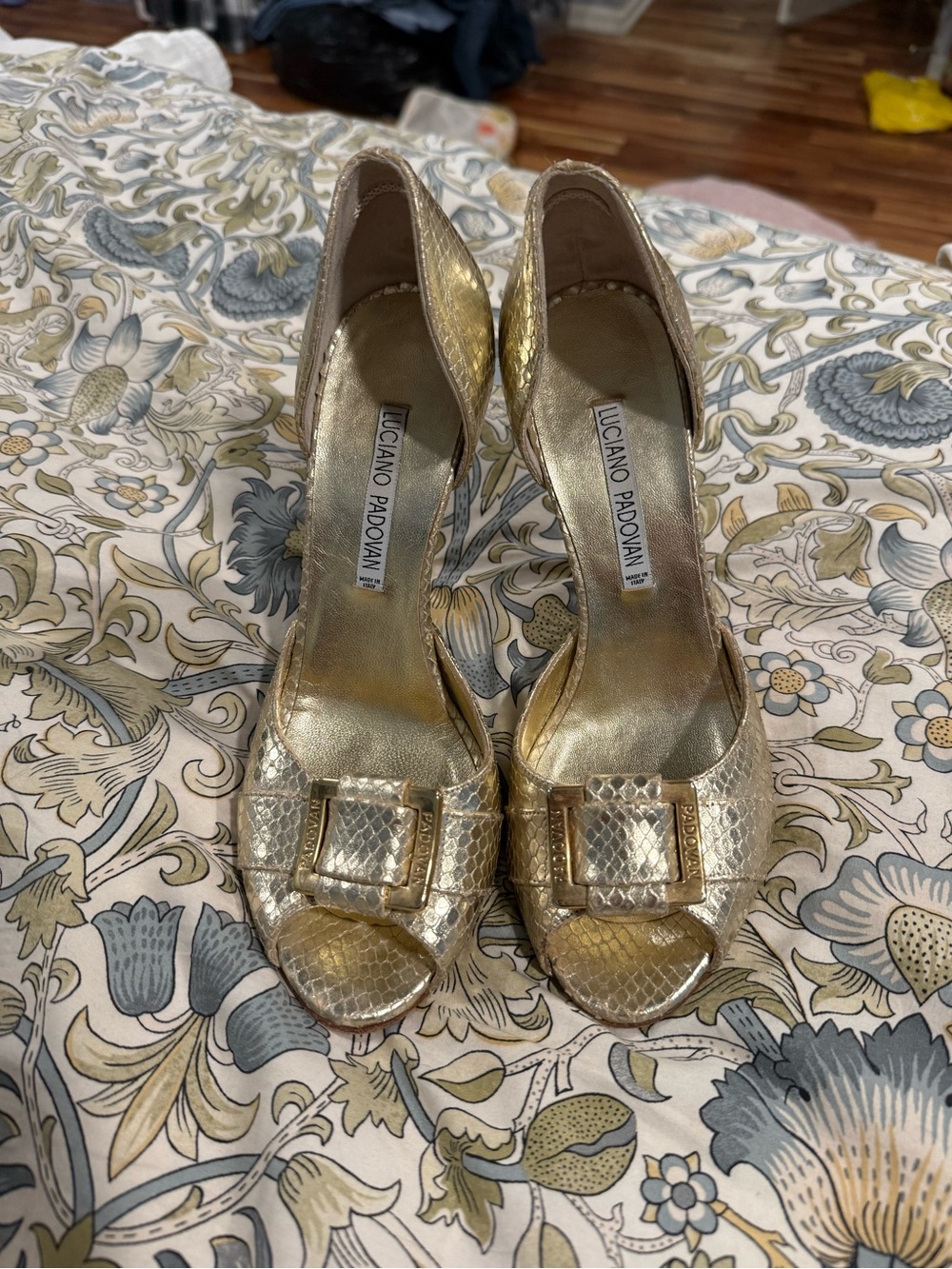 Gold Snake-Embossed Peep-Toe Heels